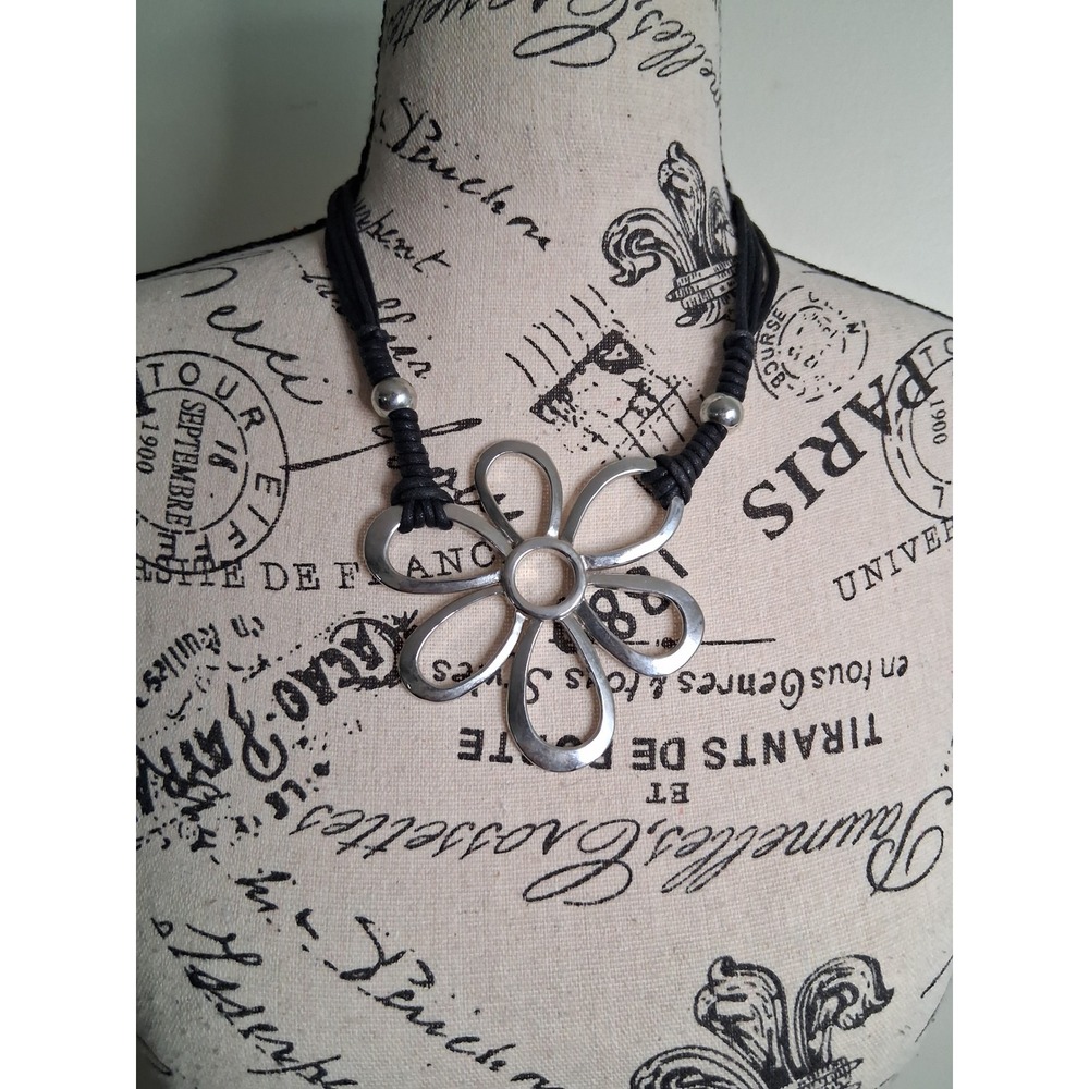 Silver Tone Open Flower Pendant Black Multi Strand Cord Statement Necklace